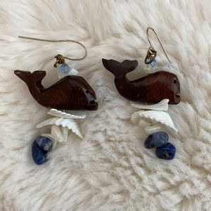 Wood whale, shell, stone earrings